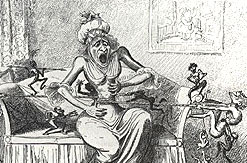 Old etching of woman sufering indigestion.