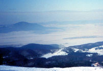 Snowy mountain view.
