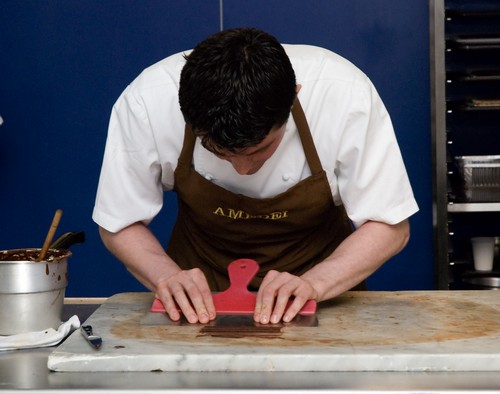 William Curley making chocolate sticks Making chocolate sticks from freshly tempered Amedei chocolate