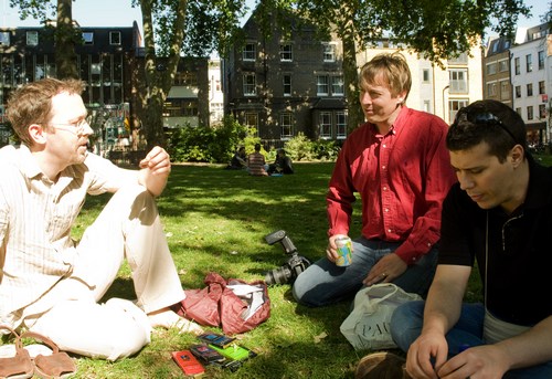 Chocolate debate in Hoxton Square. Left to right - Damian Allsop, Art Pollard, Matt Caputo